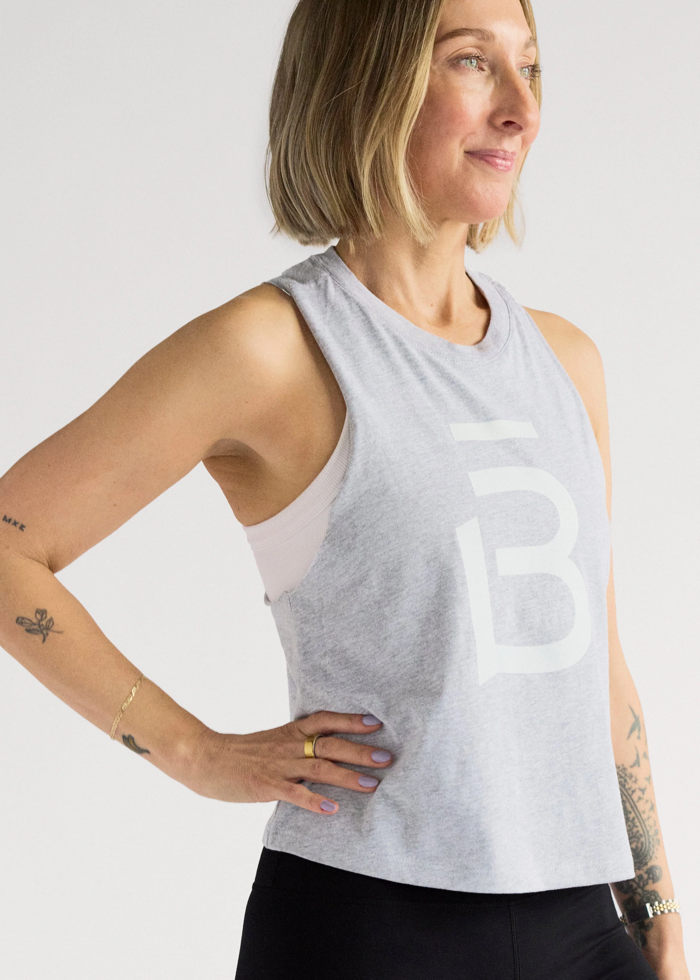 b3 Crop Muscle Racerback Tank - Athletic Heather/White - Image 4